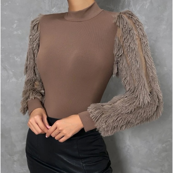 Cozy Faux Fur Fuzzy Long Puff Cuff Sleeve Mock Neck Top Blouse Shirt Black - Picture 9 of 16